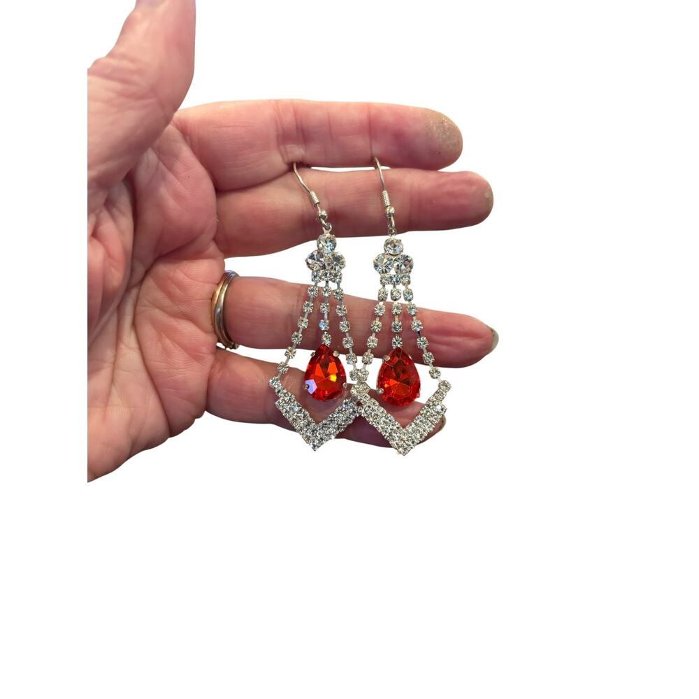 Statement Red Rhinestone Chandelier Earrings Dangle Geometric Teardrop Glam